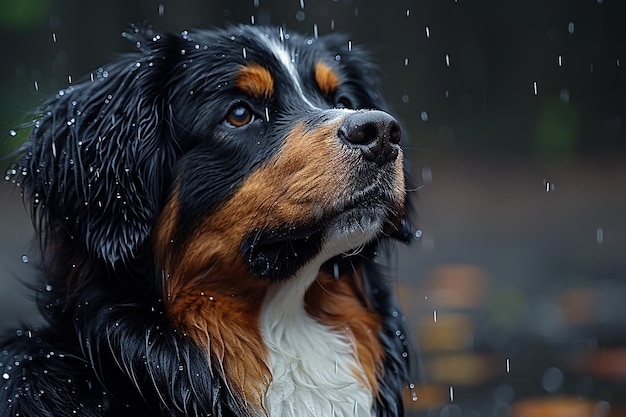 Le chien de montagne bernois sous la pluie