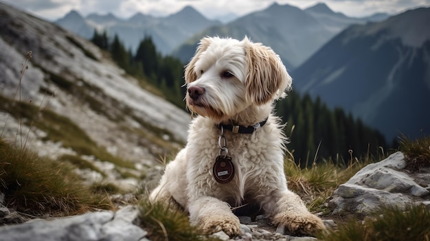 Un chien sur une montagne avec des montagnes en arrière-plan