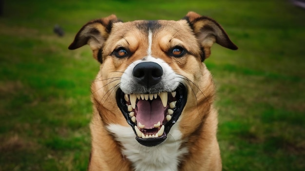 Photo le chien montre des dents. le chien en colère est prêt à mordre. attention, c'est un chien méchant.