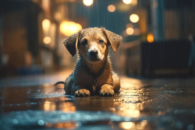 Un chien mouillé sous la pluie