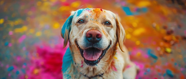 Un chien multicolore est assis devant la caméra et sourit