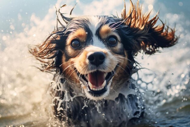 Un chien nage dans l'eau, la langue tirée.