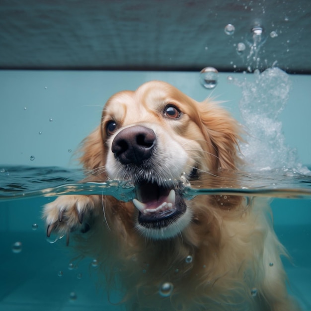 Un chien nage dans une piscine avec l'eau en arrière-plan.