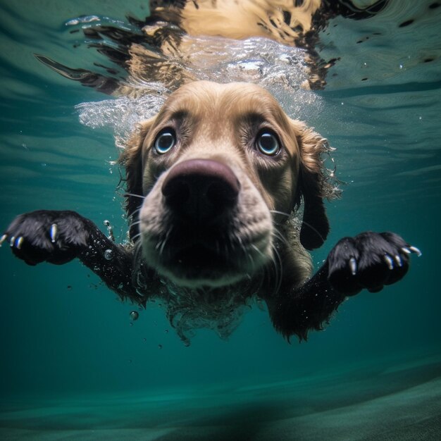 Un chien nage sous l'eau les yeux fermés.