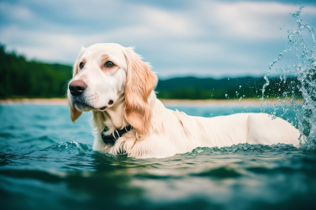 Un chien nageant dans l'eau avec le mot chien dessus