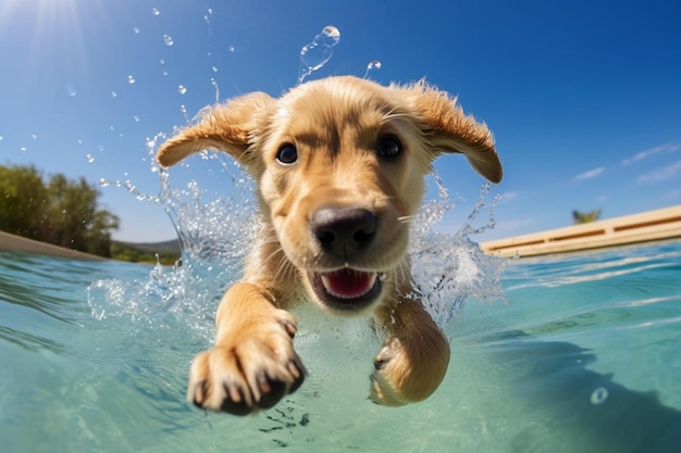 un chien nageant dans une piscine avec de l'eau éclaboussée autour de lui