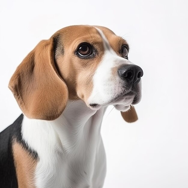 Un chien avec un nez noir et des yeux bruns regarde la caméra.