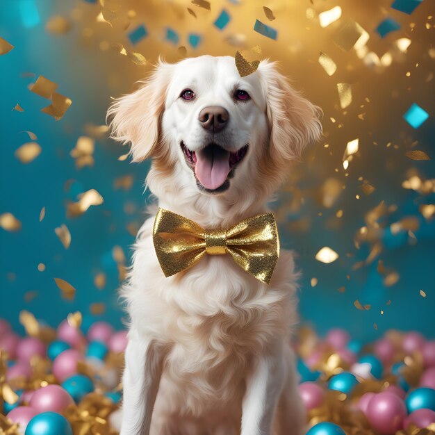 chien avec un nœud doré avec des ballons et un fond de confetti