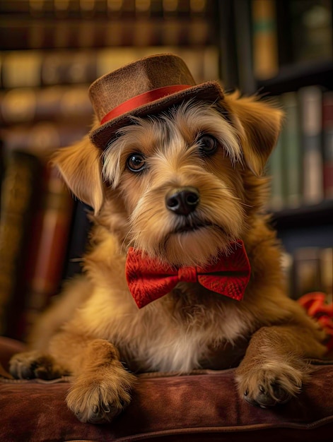 Chien en noeud papillon rouge et chapeau sur canapé dans le salon généré par AI