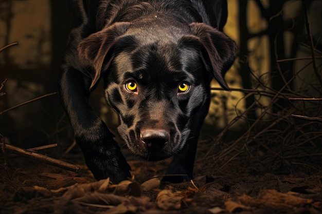 Photo un chien noir aux yeux jaunes qui marche dans les bois.