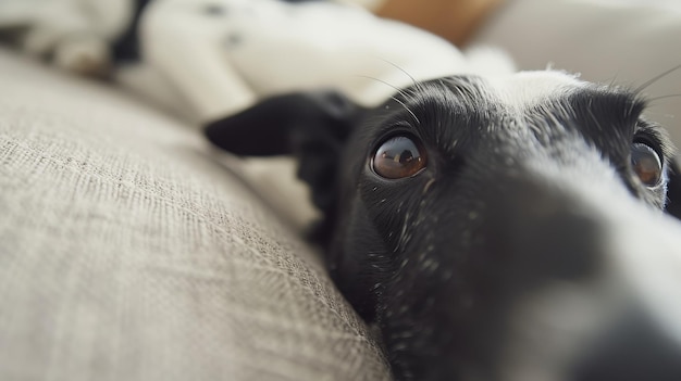 Un chien noir et blanc allongé sur un canapé