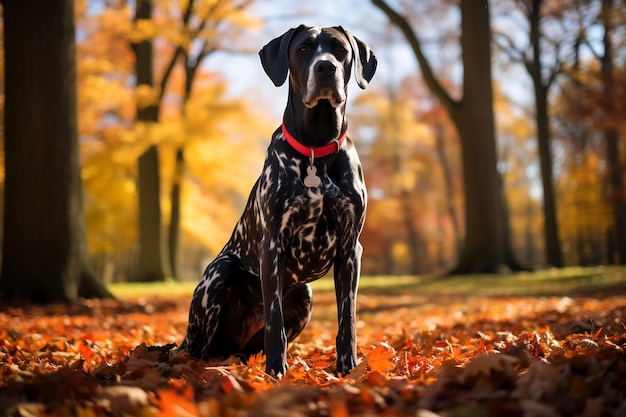 Chien noir et blanc assis au sommet d'un tas de feuilles IA générative