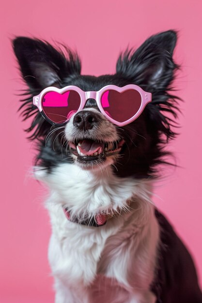 Un chien noir et blanc enjoué portant des lunettes de soleil en forme de cœur rose sur un fond rose