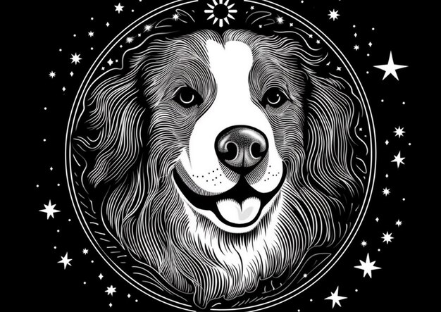 un chien noir et blanc avec des étoiles en arrière-plan IA générative