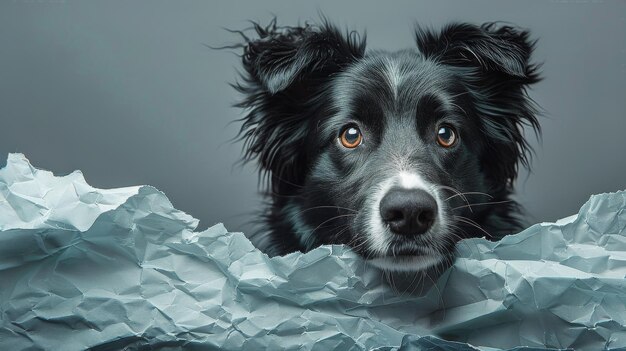 Un chien noir et blanc examine un morceau de papier