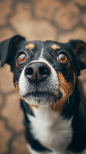 Un chien noir et blanc regardant la caméra.