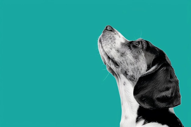 Un chien noir et blanc regardant le ciel.