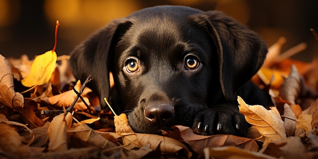 Photo chien noir dans un tas de feuilles d'automne avec des lumières des yeux brillants réaliste 4k