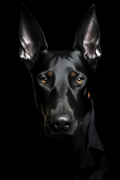 Un chien noir avec un fond noir et les mots doberman sur le devant.