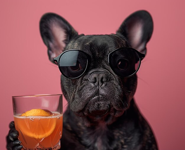Un chien noir intelligent portant des lunettes de soleil et buvant du jus de fruits