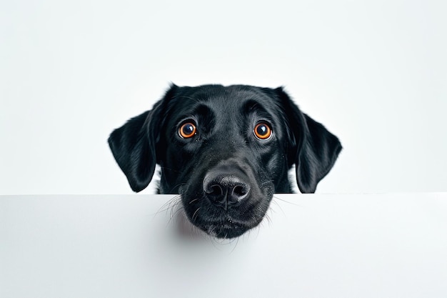 Un chien noir jette un coup d'oeil sur un panneau blanc