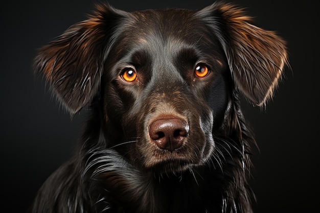 Chien noir mignon regardant la caméra sur fond noir