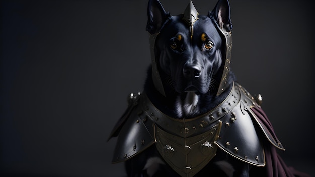 Un chien noir portant une armure de chevalier comme un chien guerrier