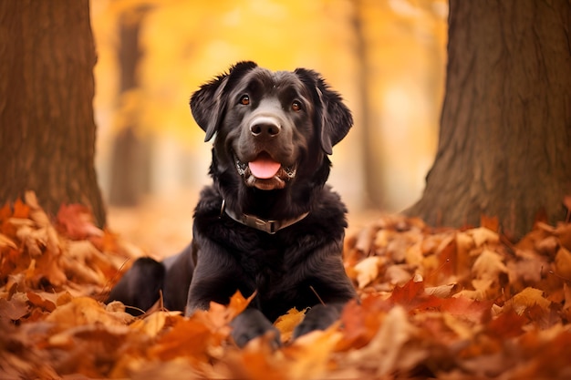 Un chien noir posé dans les feuilles d'un arbre