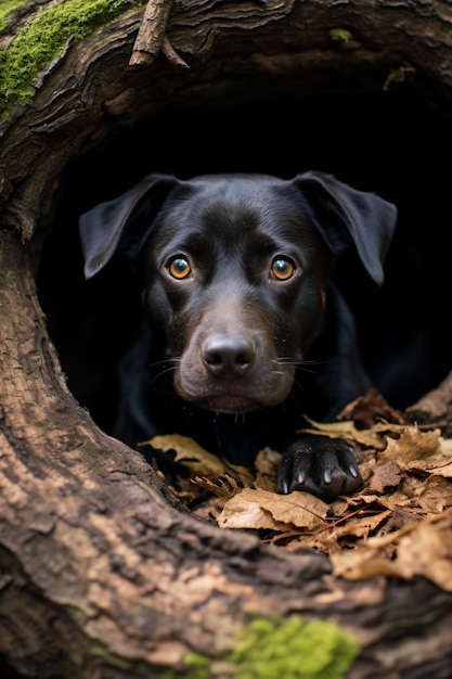 un chien noir regarde hors d'un creux