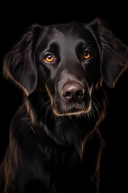 Un chien noir à yeux jaunes regarde la caméra.