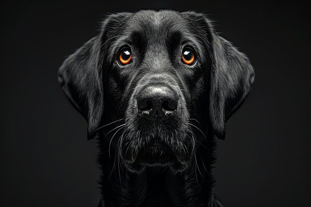 un chien noir avec des yeux orange et un fond noir