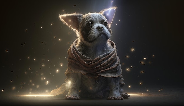 Un chien nommé star wars est assis sur une table avec un arrière-plan star wars.