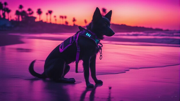 Un chien avec le numéro 5 sur sa poitrine est assis sur la plage.
