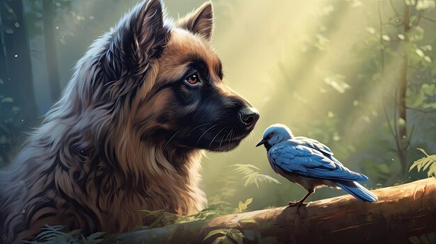 un chien et un oiseau se regardent.