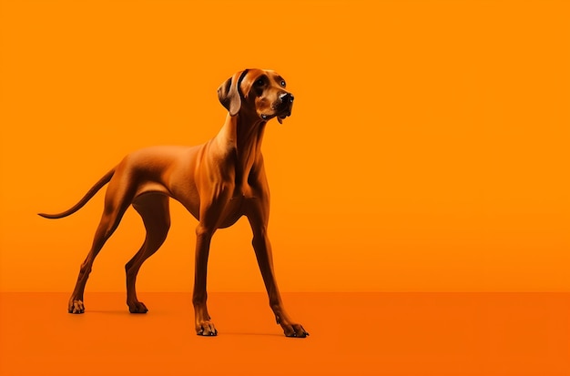 un chien orange marchant devant avec ses pattes