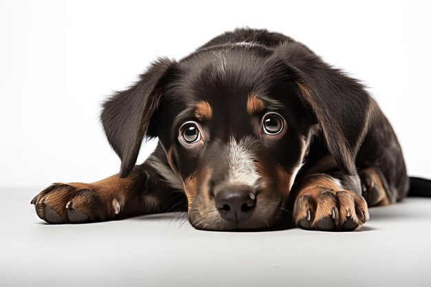 un chien avec un patch blanc sur son visage est allongé sur une surface blanche