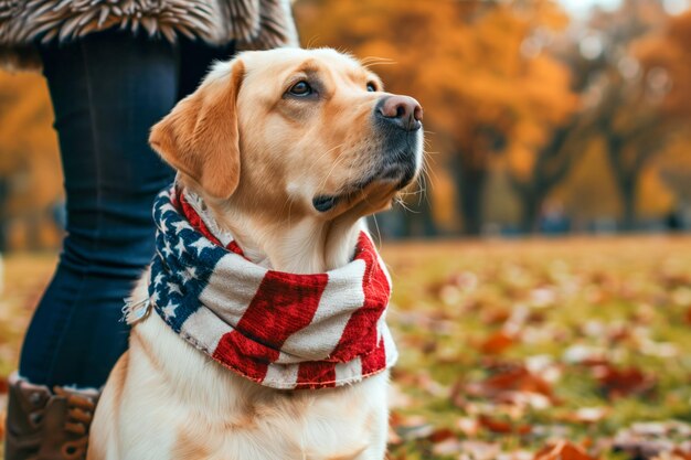 Un chien patriote se tient à côté d'une femme à l'extérieur