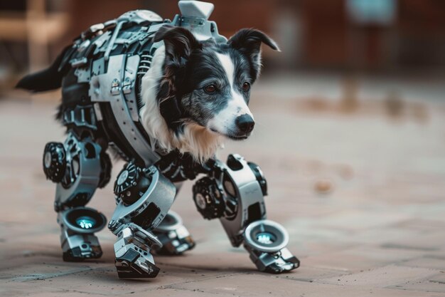 Photo un chien avec des pattes robotiques et un collier en métal