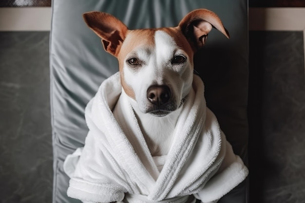 Chien en peignoir blanc allongé sur le dos au spa vue d'en haut IA générative