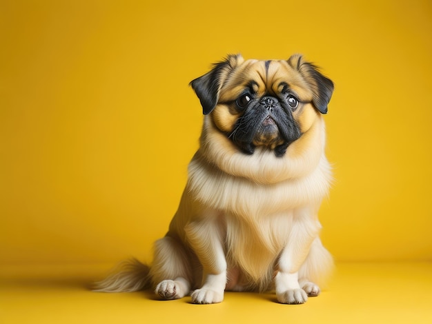 Chien pékinois mignon drôle assis sur fond jaune doux ai génératif