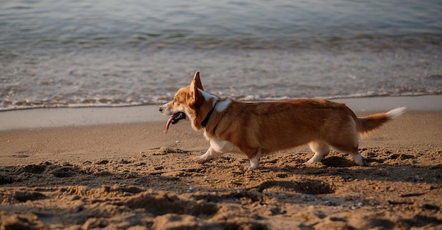 Chien pembroke corgi gallois heureux à la plage