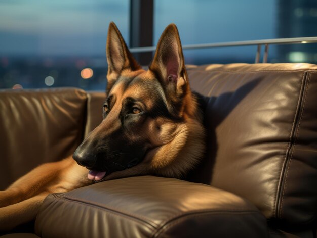 Chien pensif reposant sur un canapé moelleux avec vue sur la ville