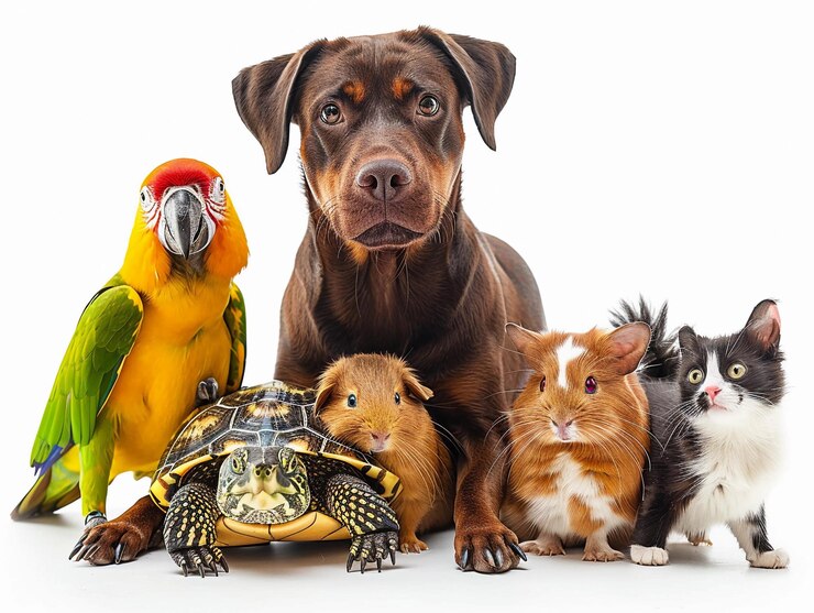 Photo un chien perroquet coloré, une tortue, un cochon d'inde et un chat ensemble dans un studio lumineux