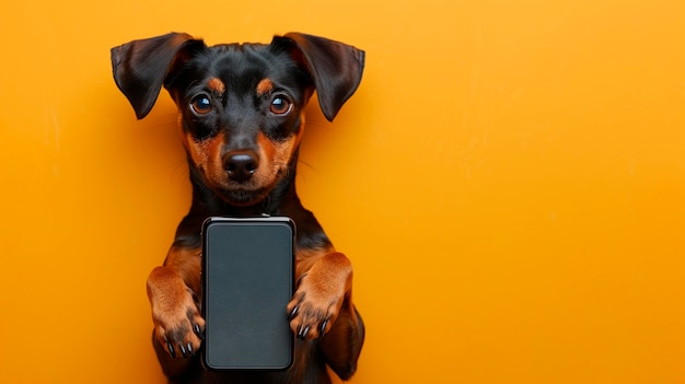 un chien Pinscher tenant un téléphone portable avec ses pattes sur un fond jaune plat simulant une photo de studio