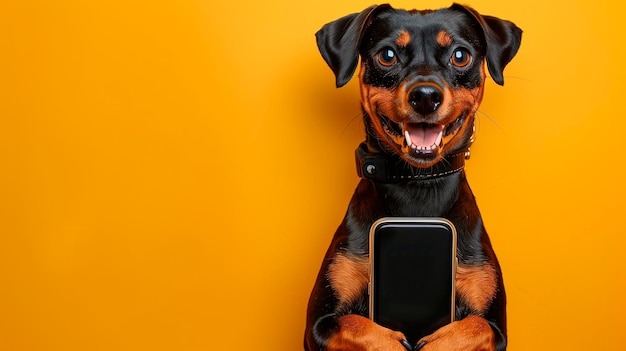 un chien Pinscher tenant un téléphone portable avec ses pattes sur un fond jaune plat simulant une photo de studio