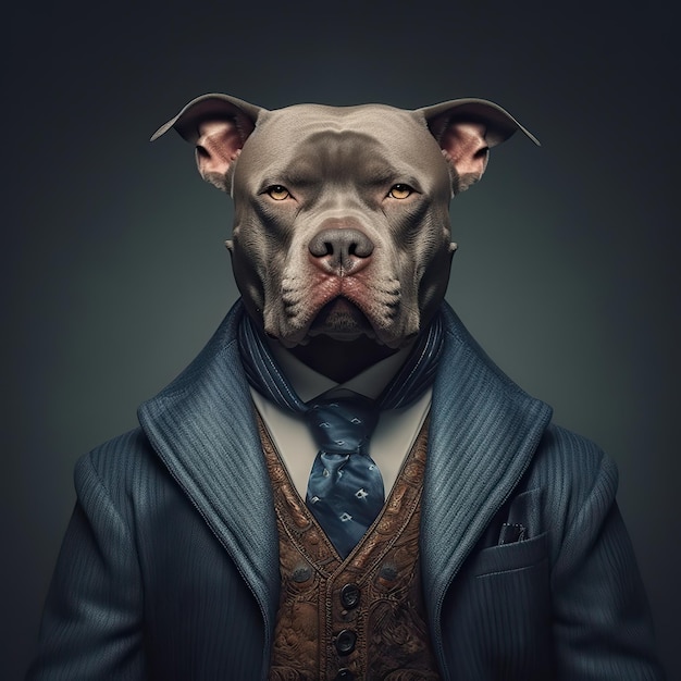 chien pitbull vêtu d'un costume humain