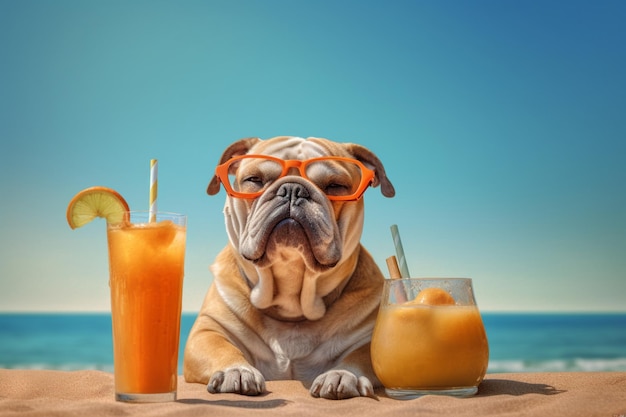 Un chien sur la plage avec une boisson au jus d'orange