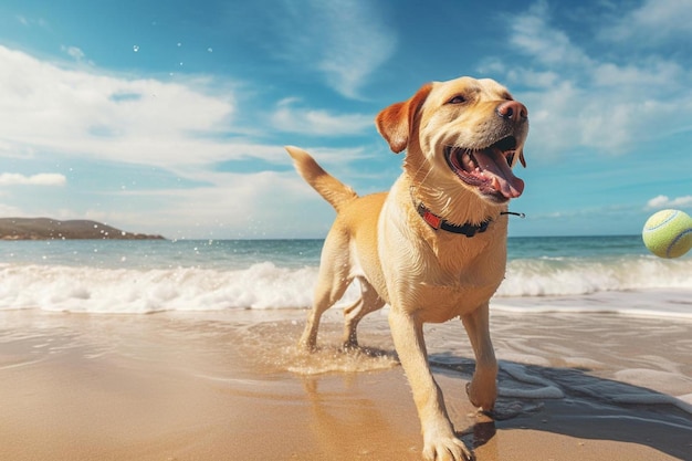 un chien sur la plage avec un ciel bleu et des nuages