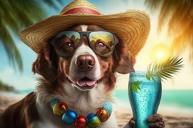 Chien sur la plage avec un cocktail Generative AI