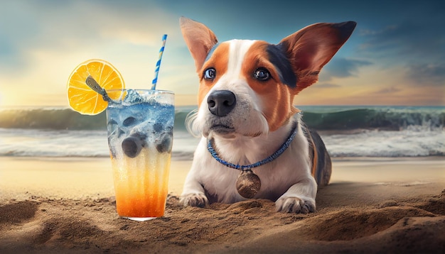 Chien sur la plage avec un cocktail Generative AI